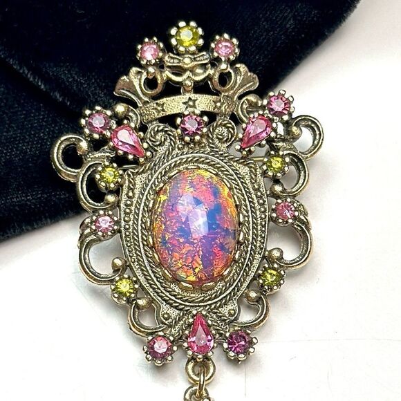 SARAH COVENTRY Brooch Pendant Contessa Faux Fire Opal Rhinestones Vintage - Picture 4 of 11